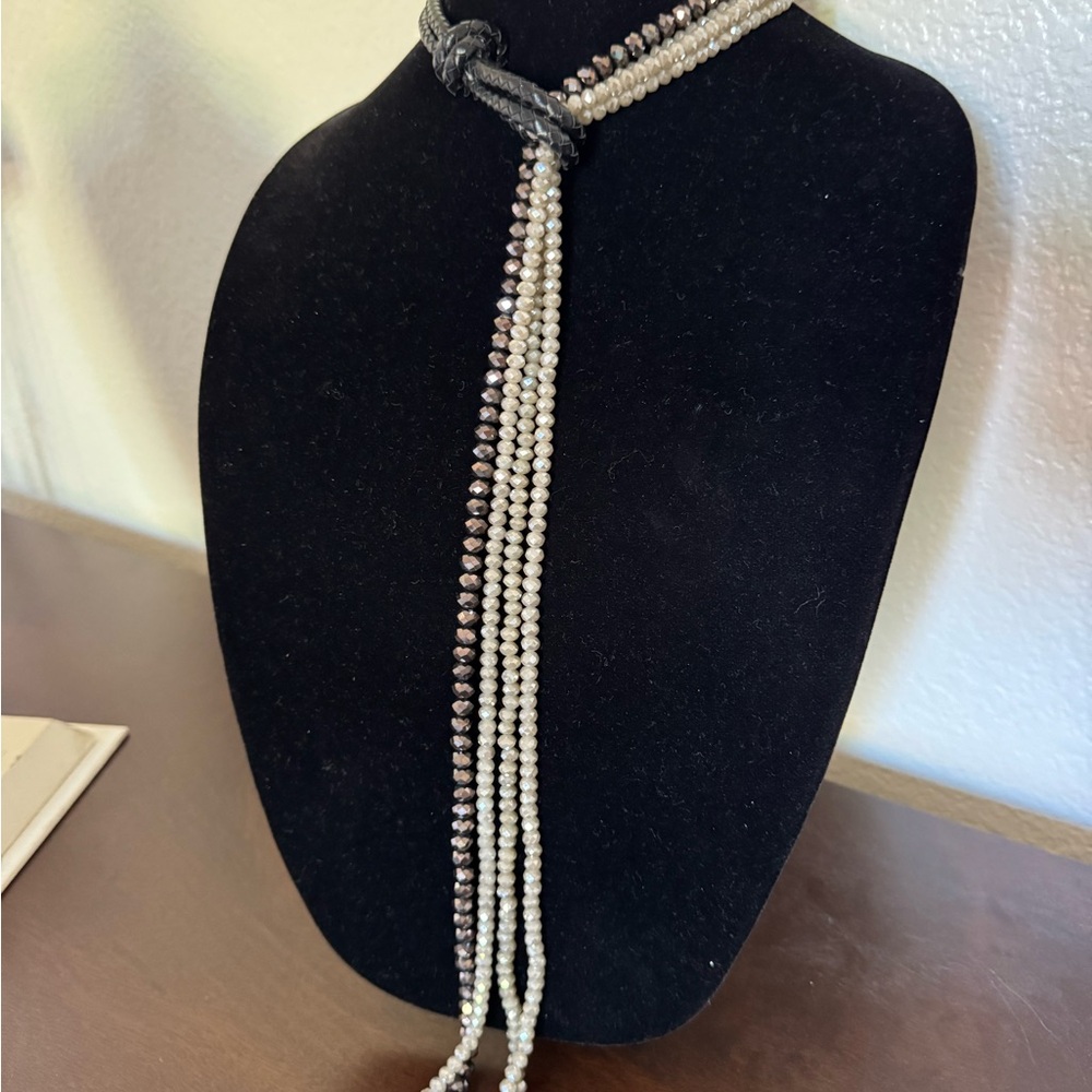 NWT Oceania Black Braided Leather & Faceted Bead Tassel Necklace